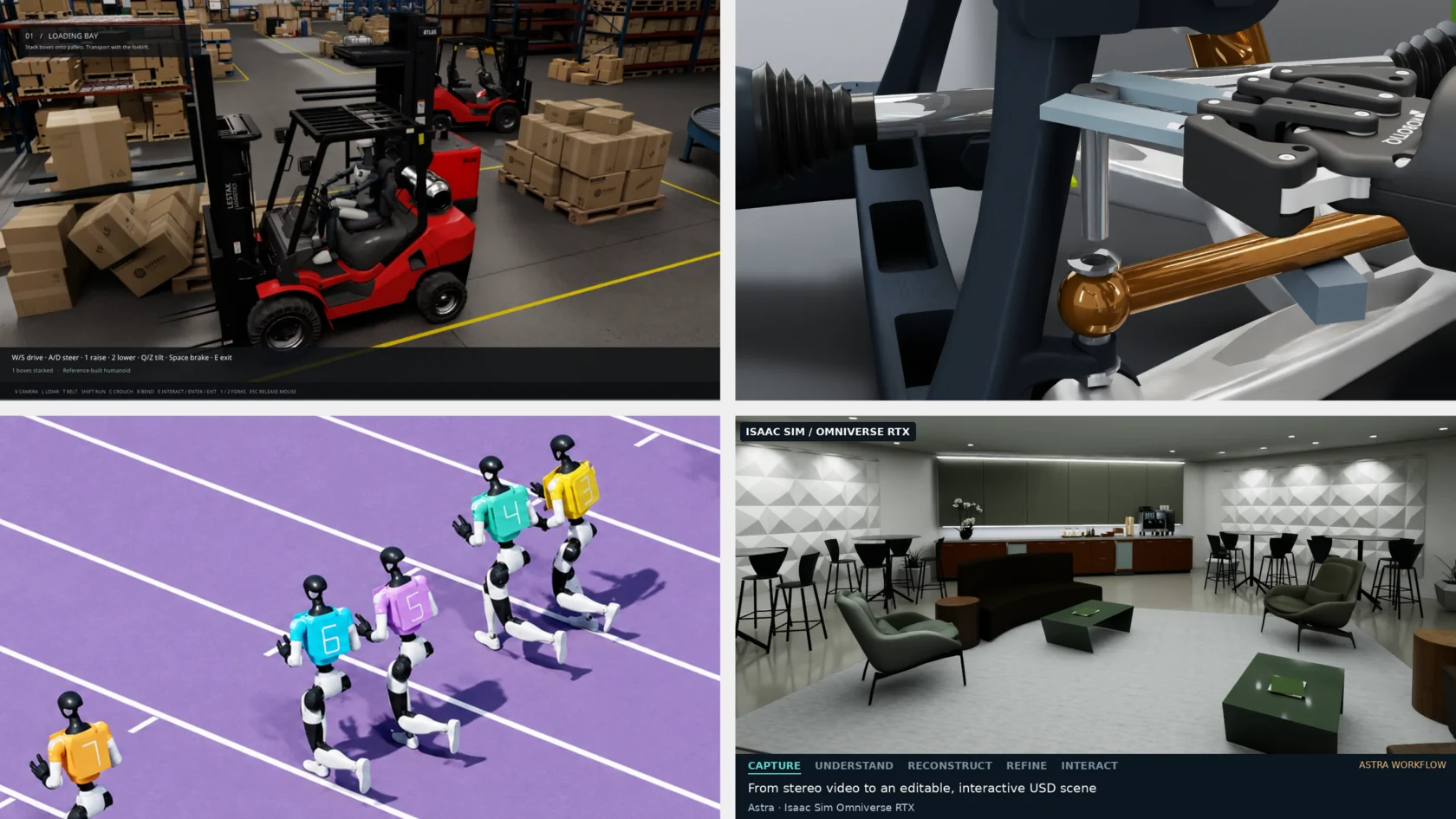 Four NVIDIA simulation demonstrations showing a warehouse, robot tooling, humanoid sports, and a reconstructed room